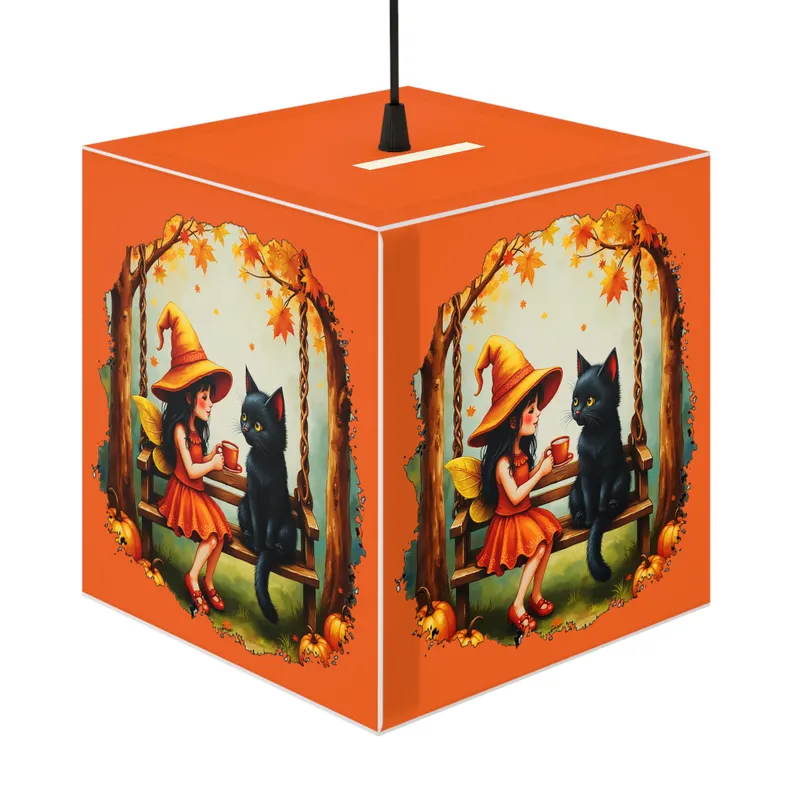 Halloween cube lamp featuring a witch and black cat